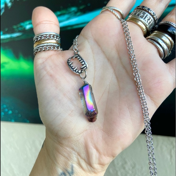 Vampire crystal necklace . Titanium aura crystal & vampire fangs teeth necklace - Picture 2 of 11